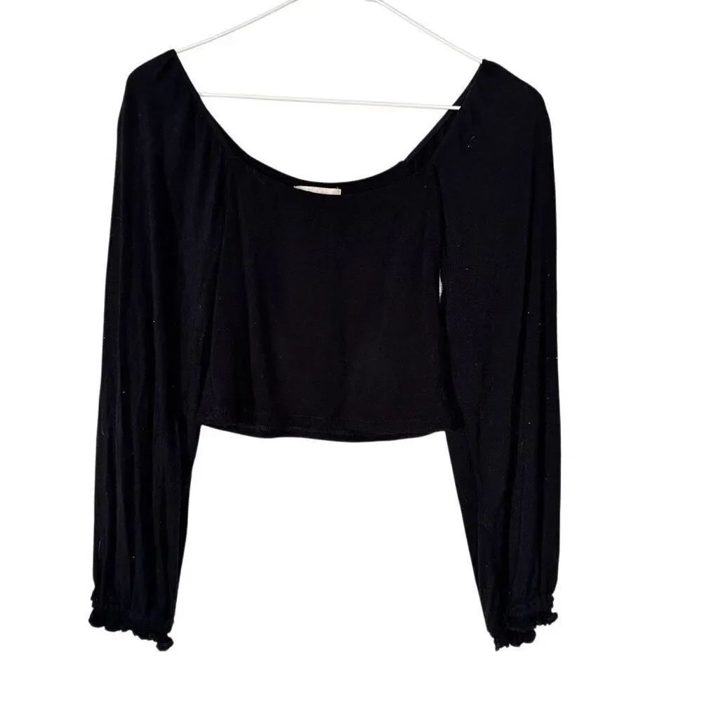 Altar'd State Long Sleeve Scoop Neck Rayon Blend Black Cropped Top XS